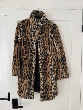 Leopard Print Faux Fur Coat - Tan/Black